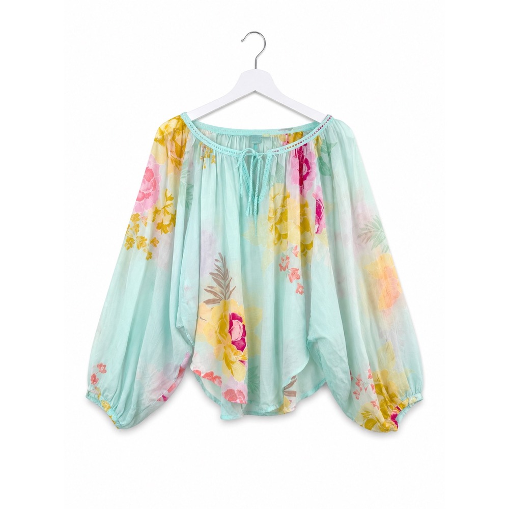 FARM Rio Womens Mint Boho Floral Balloon Sleeve Peasant Blouse Size M Cottage